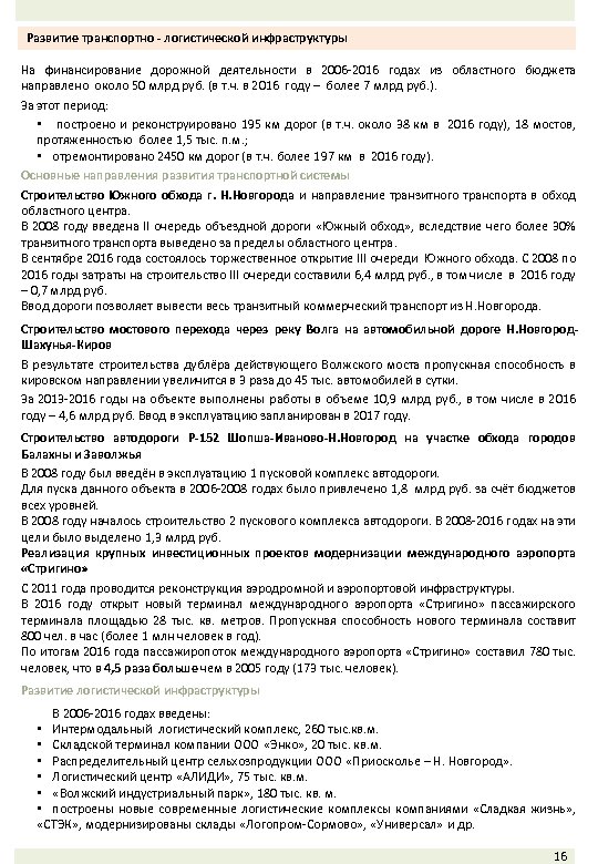 Развитие транспортно - логистической инфраструктуры На финансирование дорожной деятельности в 2006 -2016 годах из