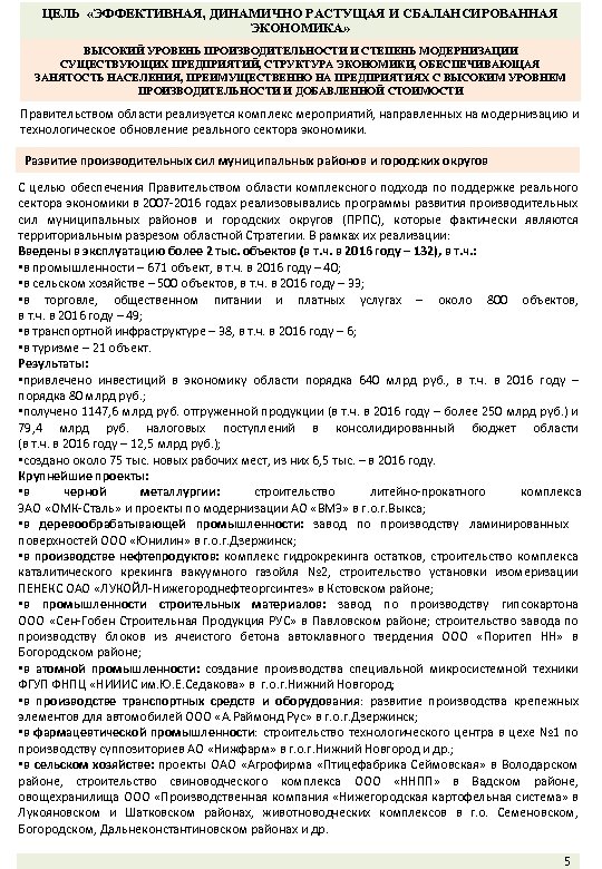 ЦЕЛЬ «ЭФФЕКТИВНАЯ, ДИНАМИЧНО РАСТУЩАЯ И СБАЛАНСИРОВАННАЯ ЭКОНОМИКА» ВЫСОКИЙ УРОВЕНЬ ПРОИЗВОДИТЕЛЬНОСТИ И СТЕПЕНЬ МОДЕРНИЗАЦИИ СУЩЕСТВУЮЩИХ