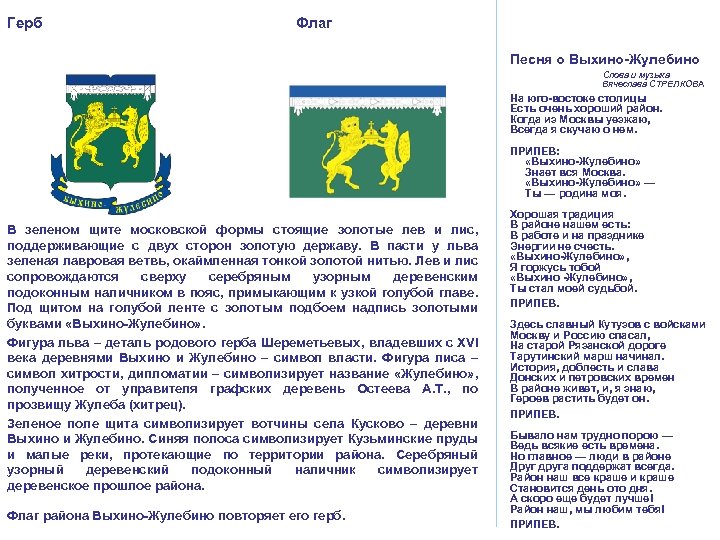 Герб Флаг Песня o Выхино-Жулебино Слова и музыка Вячеслава СТРЕЛКОВА На юго-востоке столицы Есть