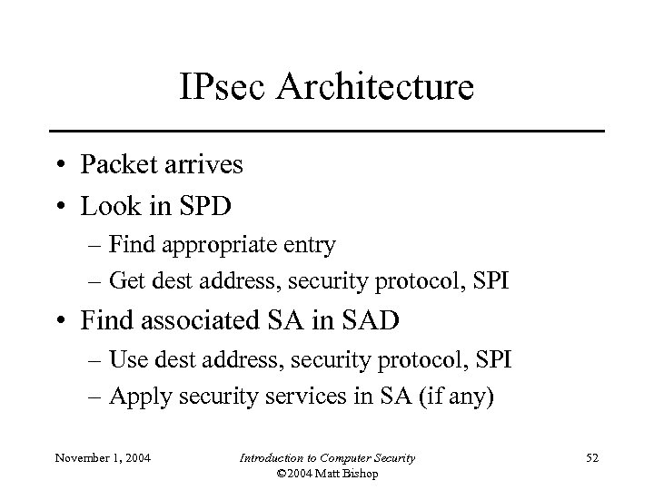 IPsec Architecture • Packet arrives • Look in SPD – Find appropriate entry –