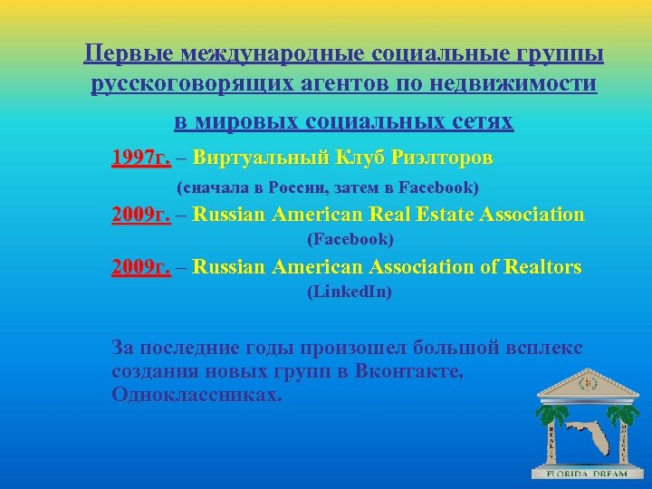 Первые международные социальные группы русскоговорящих агентов по недвижимости в мировых социальных сетях 1997 г.