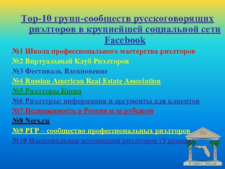 Top-10 групп-сообществ русскоговорящих риэлторов в крупнейшей социальной сети Facebоok № 1 Школа профессионального мастерства