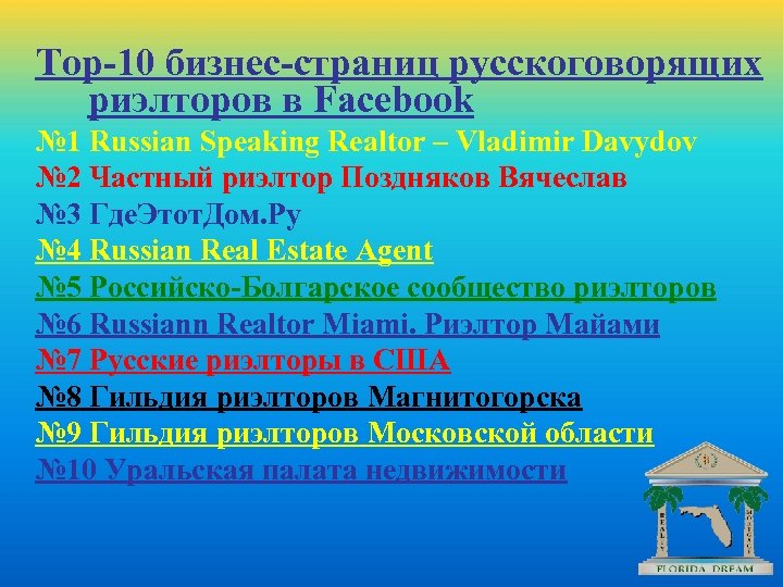 Top-10 бизнес-страниц русскоговорящих риэлторов в Facebоok № 1 Russian Speaking Realtor – Vladimir Davydov