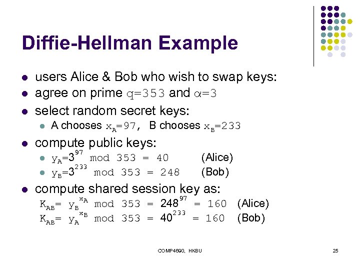 Diffie-Hellman Example l l l users Alice & Bob who wish to swap keys: