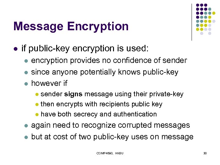 Message Encryption l if public-key encryption is used: l l l encryption provides no