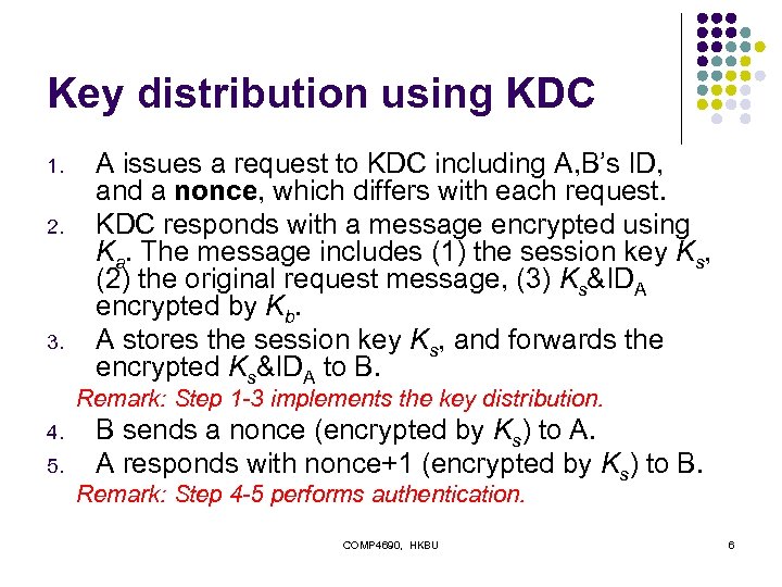 Key distribution using KDC 1. 2. 3. A issues a request to KDC including