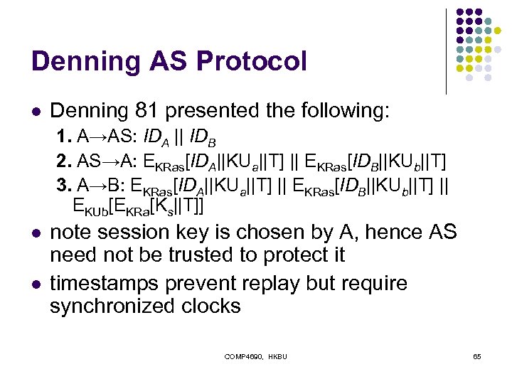 Denning AS Protocol l Denning 81 presented the following: 1. A→AS: IDA || IDB