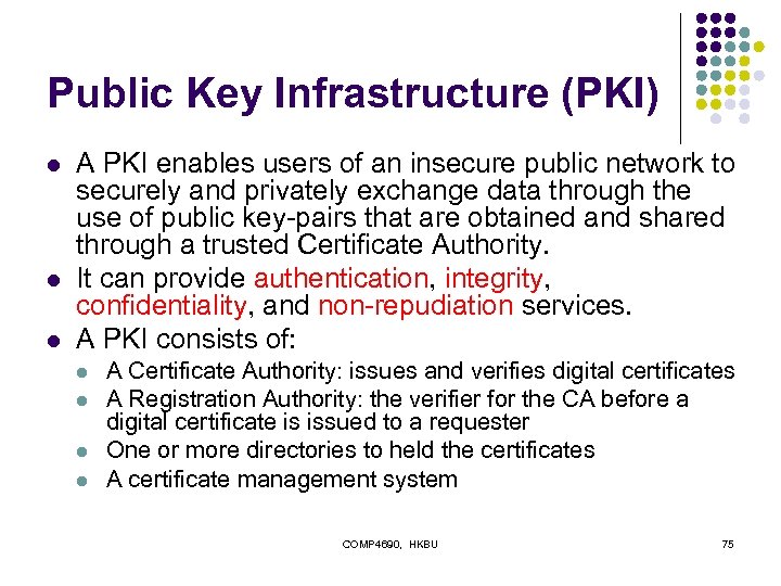 Public Key Infrastructure (PKI) l l l A PKI enables users of an insecure