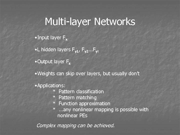 Multi-layer Networks • Input layer Fx • L hidden layers Fy 1, Fy 2.