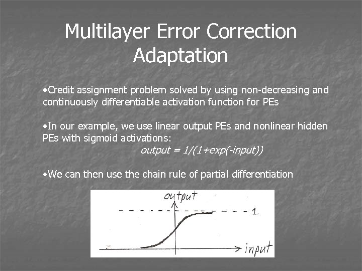 Multilayer Error Correction Adaptation • Credit assignment problem solved by using non-decreasing and continuously