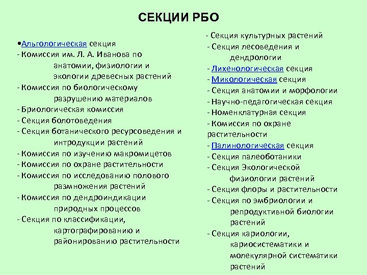СЕКЦИИ РБО - Секция культурных растений • Альгологическая секция - Секция лесоведения и -
