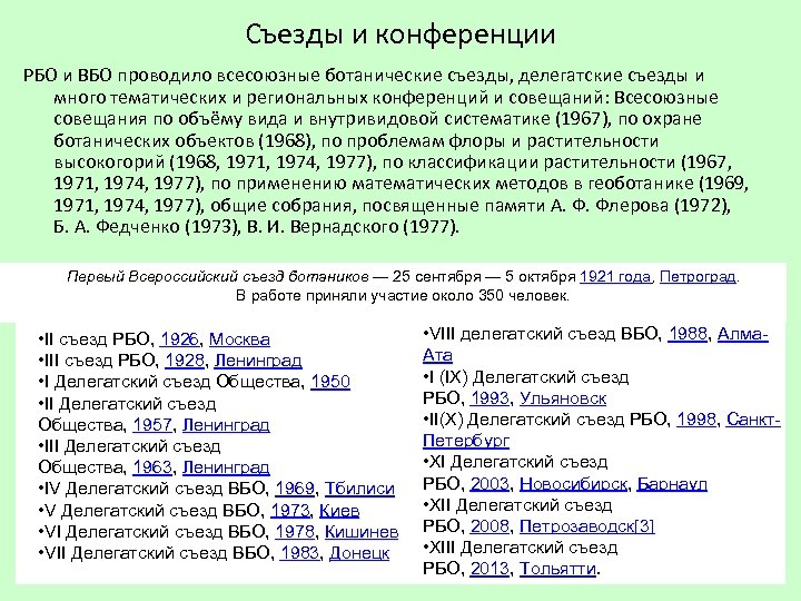 Съезды и конференции РБО и ВБО проводило всесоюзные ботанические съезды, делегатские съезды и много