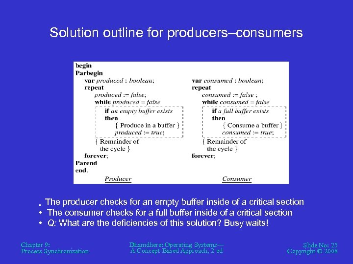 Solution outline for producers–consumers The producer checks for an empty buffer inside of a