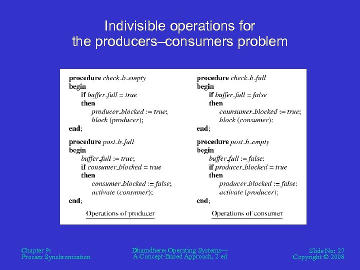 Indivisible operations for the producers–consumers problem Chapter 9: Process Synchronization Dhamdhere: Operating Systems— A