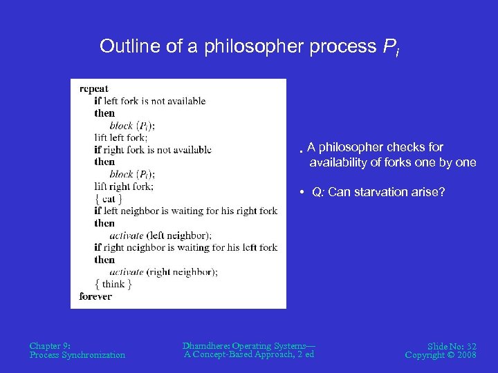 Outline of a philosopher process Pi • A philosopher checks for availability of forks
