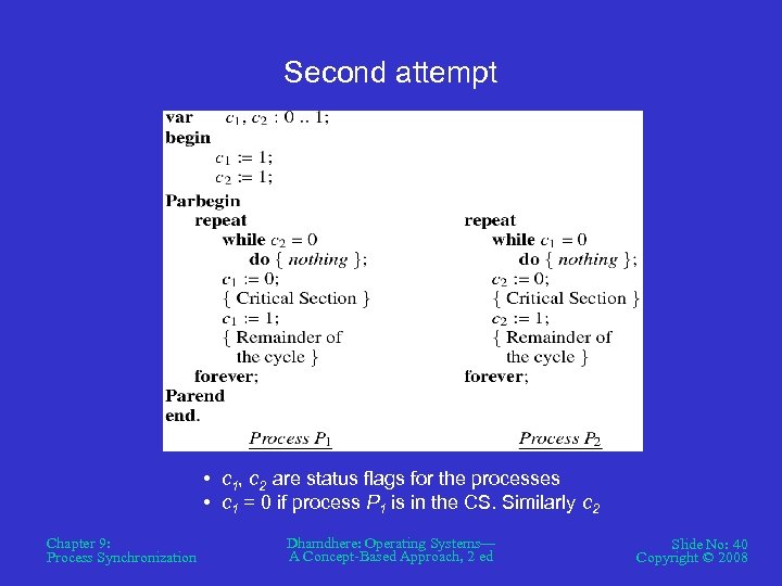 Second attempt • c 1, c 2 are status flags for the processes •
