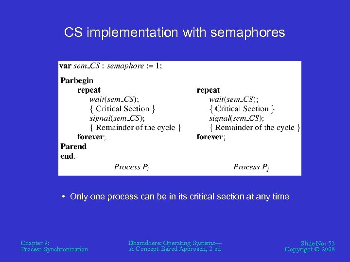 CS implementation with semaphores • Only one process can be in its critical section