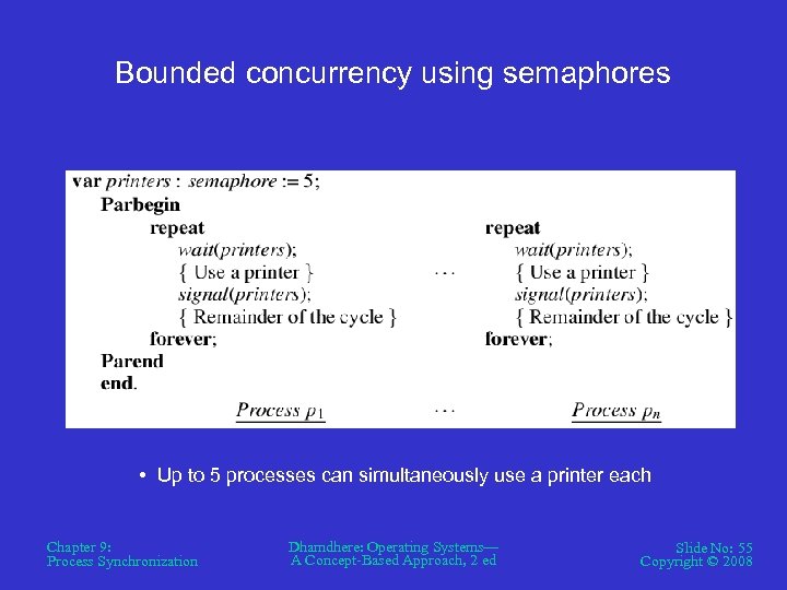 Bounded concurrency using semaphores • Up to 5 processes can simultaneously use a printer
