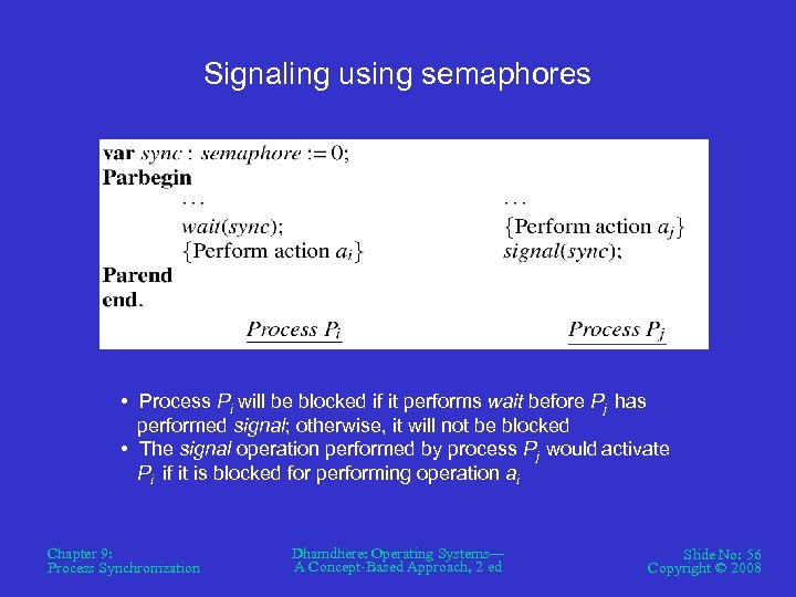 Signaling using semaphores • Process Pi will be blocked if it performs wait before