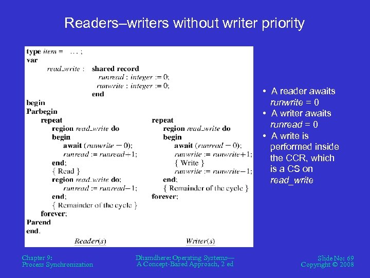 Readers–writers without writer priority • A reader awaits runwrite = 0 • A writer