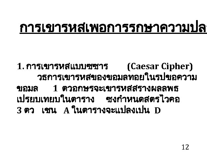 การเขารหสเพอการรกษาความปลอ 1. การเขารหสแบบซซาร (Caesar Cipher) วธการเขารหสของขอมลทอยในรปขอความ ขอมล 1 ตวอกษรจะเขารหสสรางผลลพธ เปรยบเทยบในตาราง ซงกำหนดสตรไวคอ 3 ตว เชน