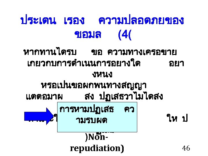 ประเดน เรอง ความปลอดภยของ ขอมล (4( หากทานไดรบ ขอ ความทางเครอขาย เกยวกบการดำเนนการอยางใด อยา งหนง หรอเปนขอผกพนทางสญญา แตตอมาผ สง