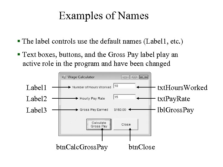 Examples of Names § The label controls use the default names (Label 1, etc.