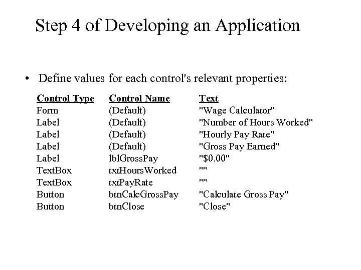 Step 4 of Developing an Application • Define values for each control's relevant properties: