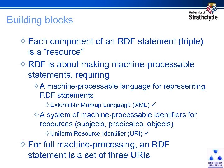 Building blocks ² Each component of an RDF statement (triple) is a “resource” ²