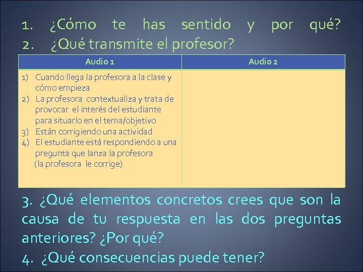 1. ¿Cómo te has sentido y por qué? 2. ¿Qué transmite el profesor? Audio