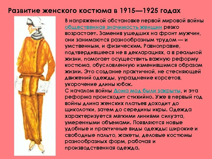 Развитие женского костюма в 1915— 1925 годах В напряженной обстановке первой мировой войны общественная