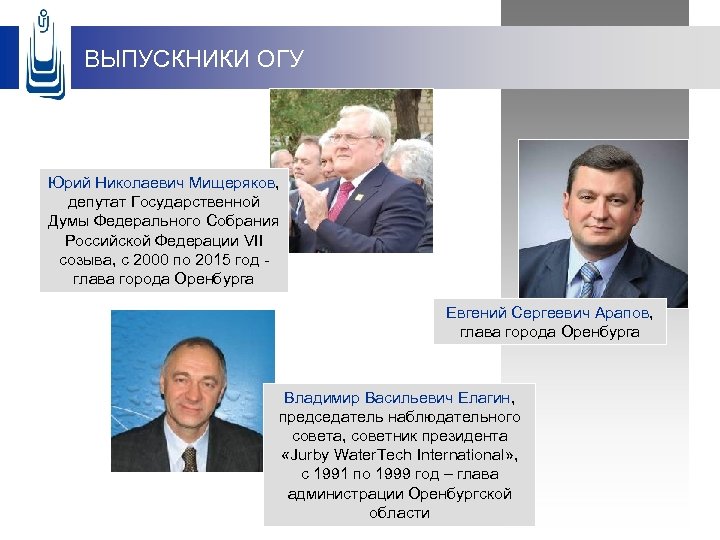 ВЫПУСКНИКИ ОГУ Юрий Николаевич Мищеряков, депутат Государственной Думы Федерального Собрания Российской Федерации VII созыва,