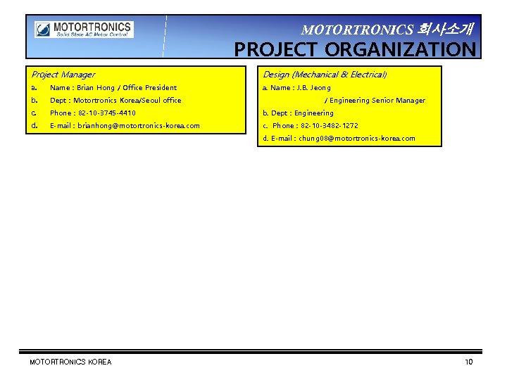 MOTORTRONICS 회사소개 PROJECT ORGANIZATION Project Manager Design (Mechanical & Electrical) a. Name : Brian