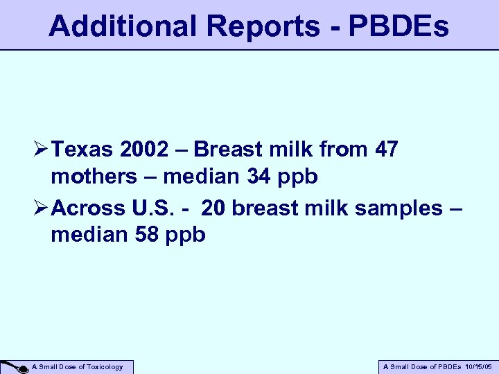 Additional Reports - PBDEs Ø Texas 2002 – Breast milk from 47 mothers –