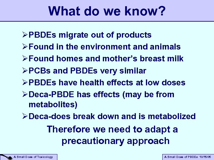 What do we know? ØPBDEs migrate out of products ØFound in the environment and