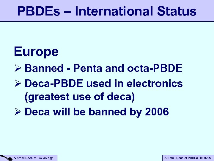 PBDEs – International Status Europe Ø Banned - Penta and octa-PBDE Ø Deca-PBDE used