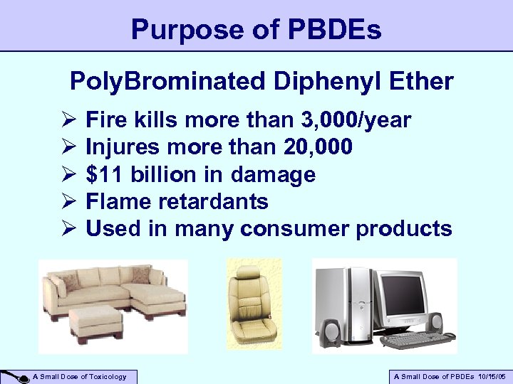 Purpose of PBDEs Poly. Brominated Diphenyl Ether Ø Ø Ø Fire kills more than