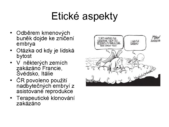 Etické aspekty • Odběrem kmenových buněk dojde ke zničení embrya • Otázka od kdy