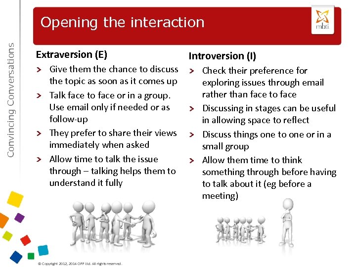 Convincing Conversations Opening the interaction Extraversion (E) Give them the chance to discuss the