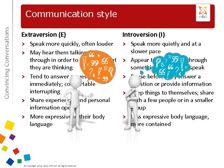 Convincing Conversations Communication style Extraversion (E) Speak more quickly, often louder May hear them