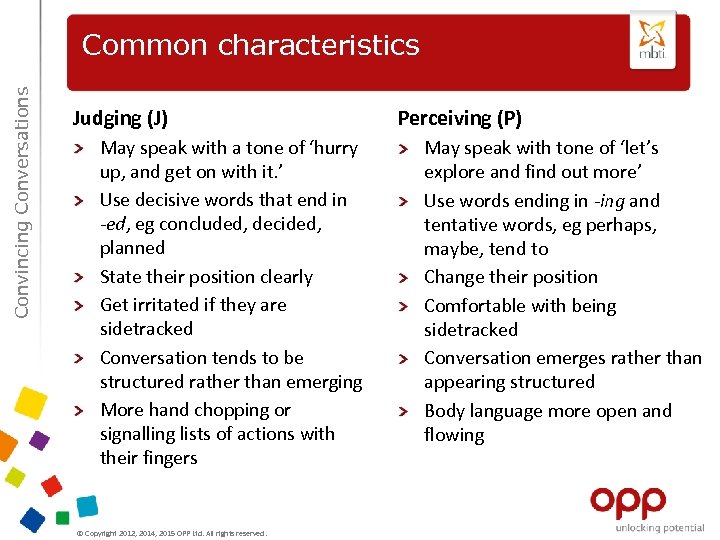 Convincing Conversations Common characteristics Judging (J) May speak with a tone of ‘hurry up,