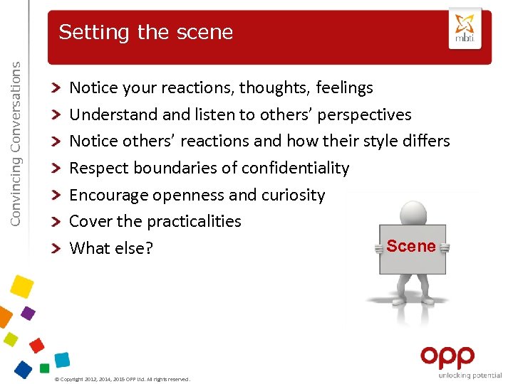 Convincing Conversations Setting the scene Notice your reactions, thoughts, feelings Understand listen to others’