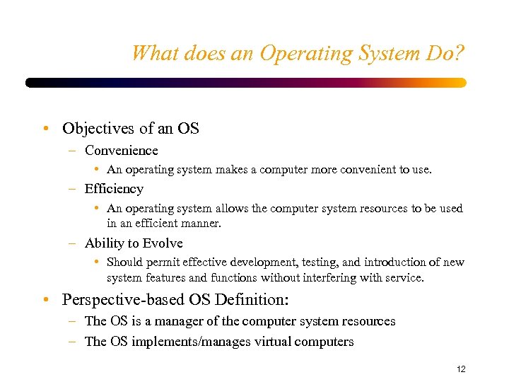 What does an Operating System Do? • Objectives of an OS – Convenience •