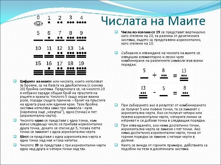 Числата на Маите q Числа по-големи от 19 се представят вертикално като степени на