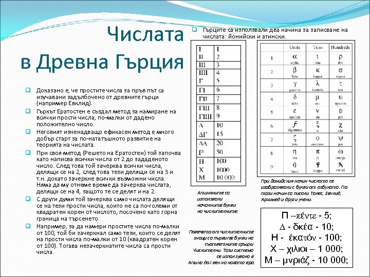 Числата в Древна Гърция q Доказано е, че простите числа за пръв път са
