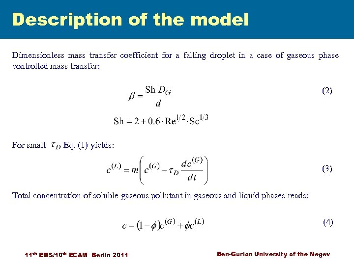 Description of the model Dimensionless mass transfer coefficient for a falling droplet in a