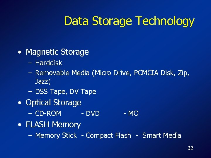 Data Storage Technology • Magnetic Storage – Harddisk – Removable Media (Micro Drive, PCMCIA