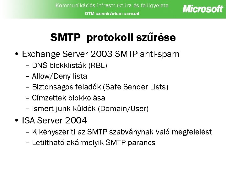 Kommunikációs infrastruktúra és felügyelete GTM szeminárium sorozat SMTP protokoll szűrése • Exchange Server 2003