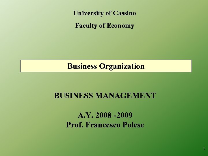 University of Cassino Faculty of Economy Business Organization BUSINESS MANAGEMENT A. Y. 2008 -2009
