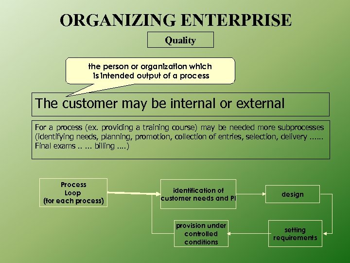 ORGANIZING ENTERPRISE Quality the person or organization which is intended output of a process